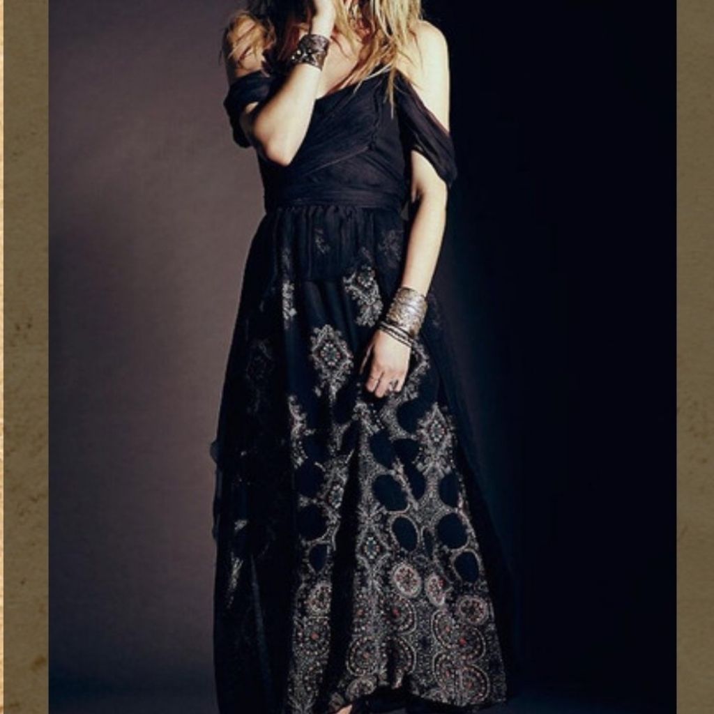 Free People Belladonna Black Maxi Dress Gown Lined On Off Shoulder Flows Sz 2